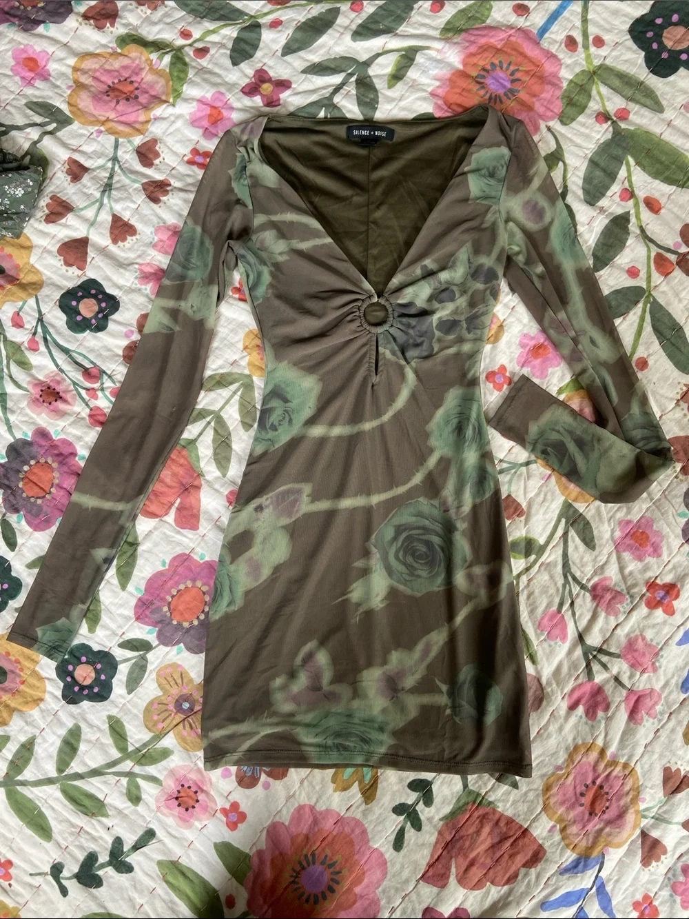 silence + noise Olive Brown Floral Mesh Ring-Front Long Sleeve Dress Small